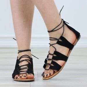 Black Faux Suede Strappy Open Toe Flat Sandals Gladiator